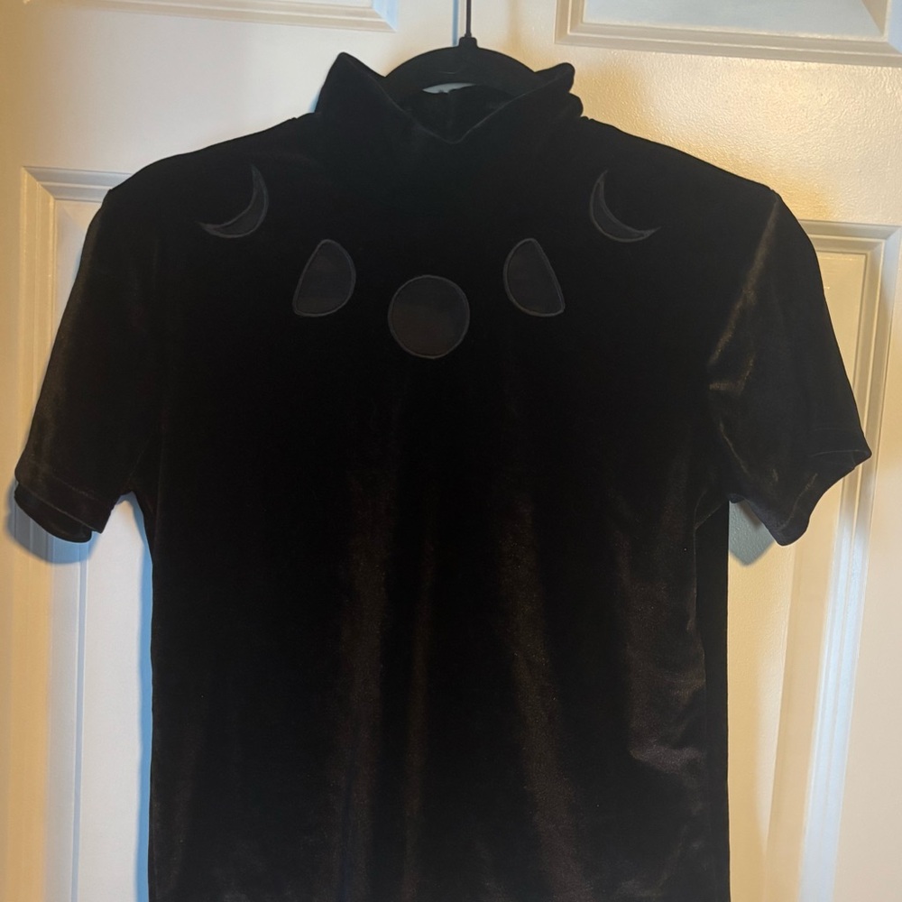 Black Velvet Mock Neck Shirt with Mesh Moon Phase Panels
